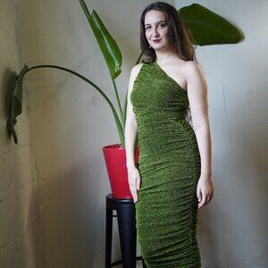 Pretty Little Thing Metallic Green Cold Shoulder Dress Size US 4